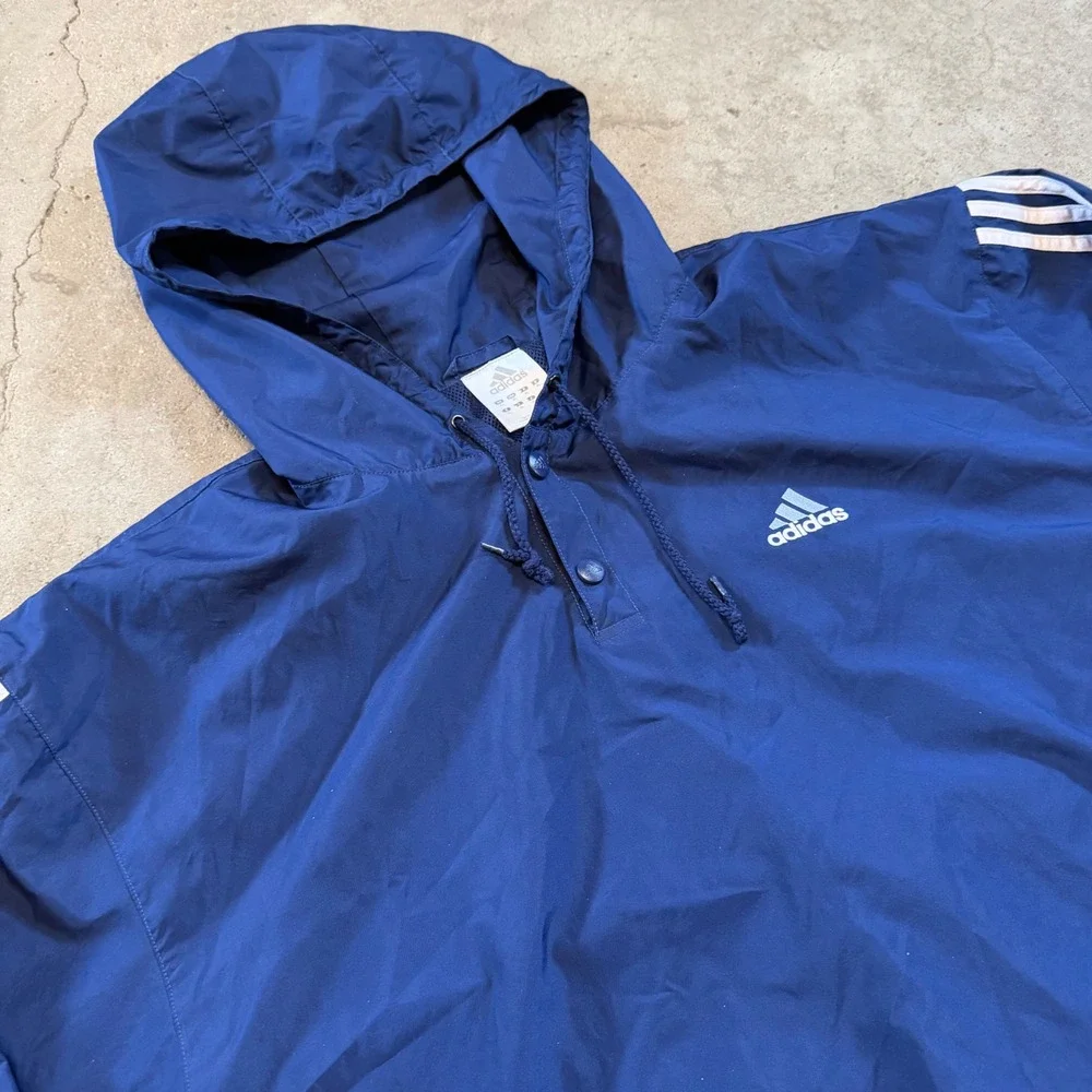 Adidas Windbreaker Men XL Navy Blue Vintage 3-Stripe Hooded Pullover AO2001